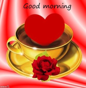 Good Morning Heart Images with Red Rose & A Cup Coffee